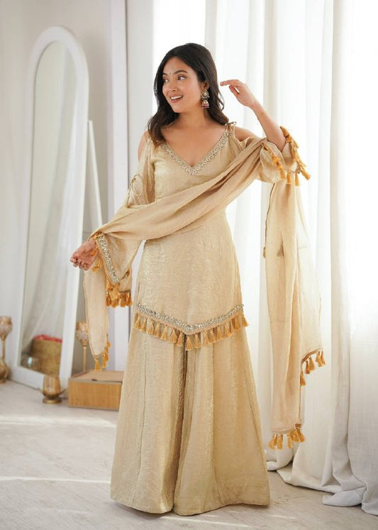 Champagne Beige Mirror Work Kurta Palazzo Suit for Women