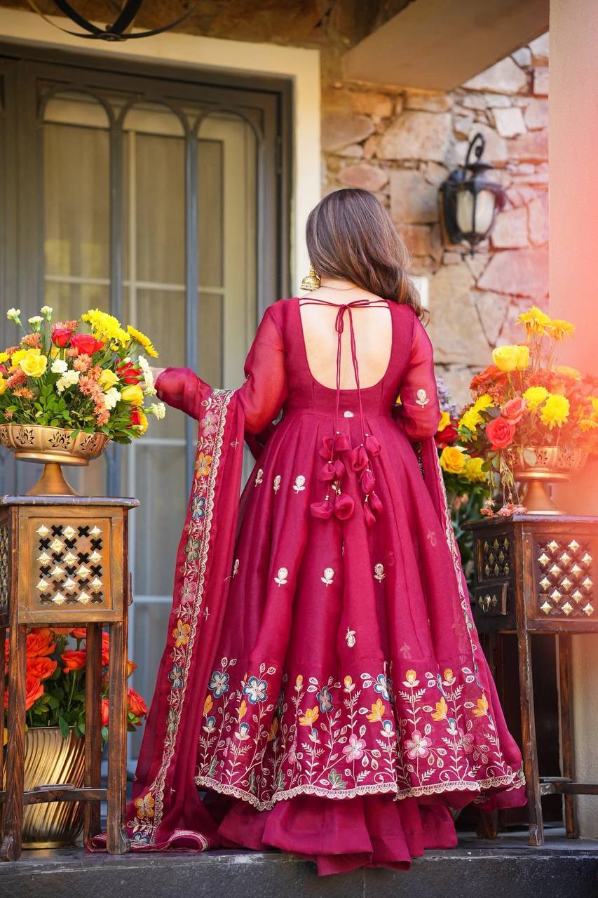 Floral Anarkali Palazzo Set with Thread & Sequin Embroidery | Wedding & Festive Wear