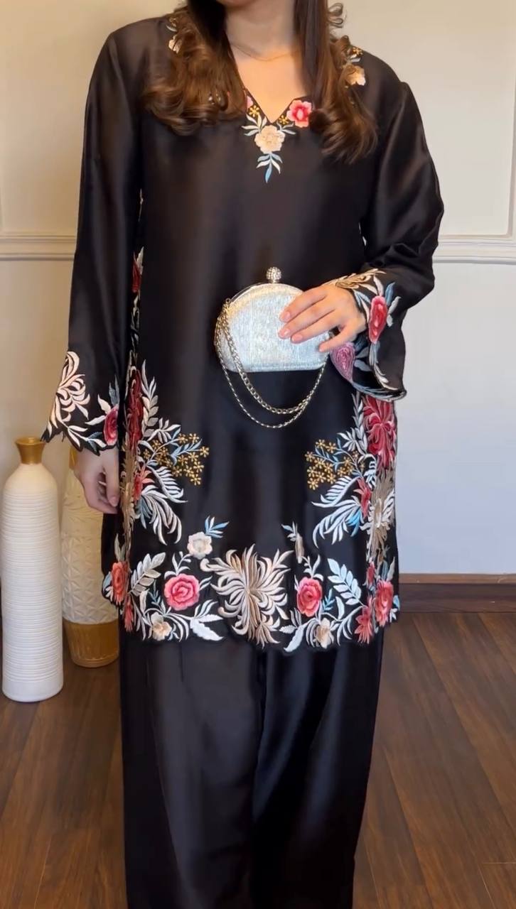 Black Party Wear Floral Co-Ord Palazzo Suit Set