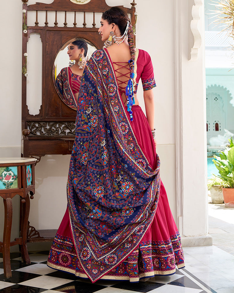 Festive Pink Tussar Silk Full Stitched Lehenga Choli for Garba and Navratri