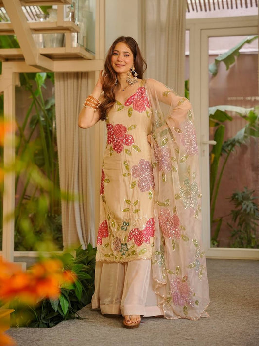 Beige Floral Organza Silk Palazzo Sharara Suit Set for Women| Party Wear Palazzo Sharara Suit