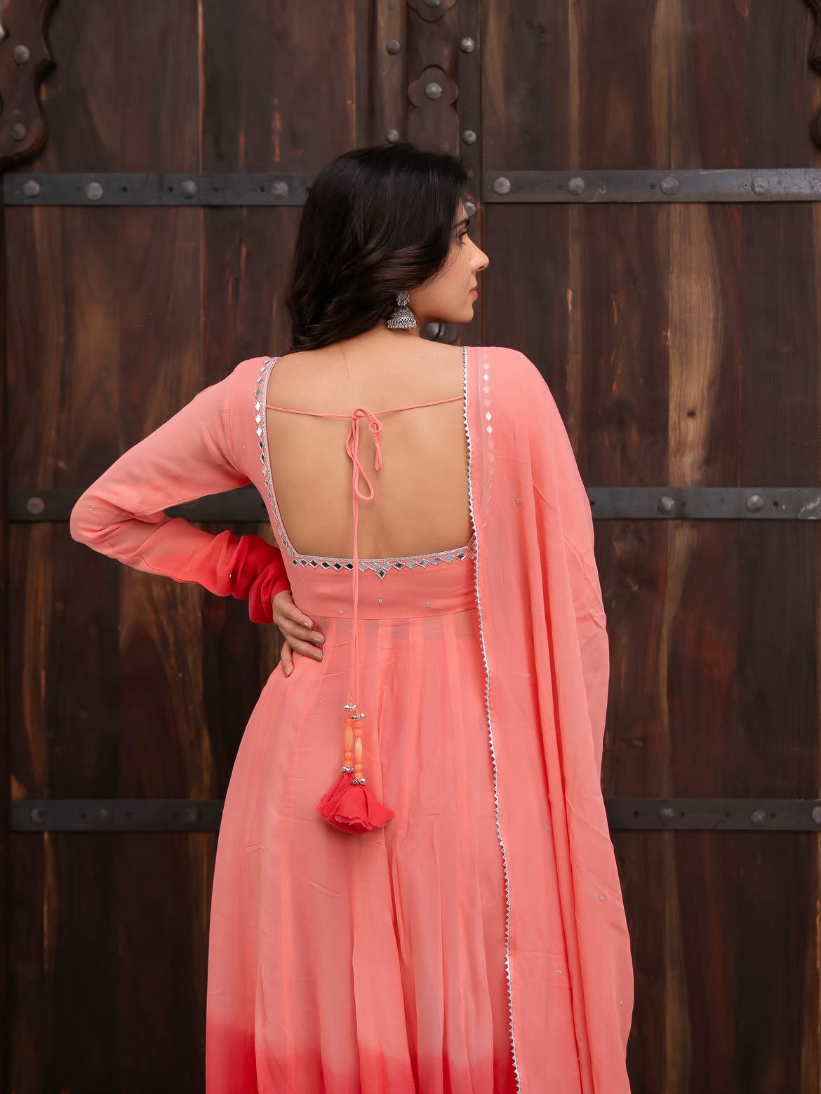 Peach Pink Mirror Work Anarkali Suit Set with Dupatta