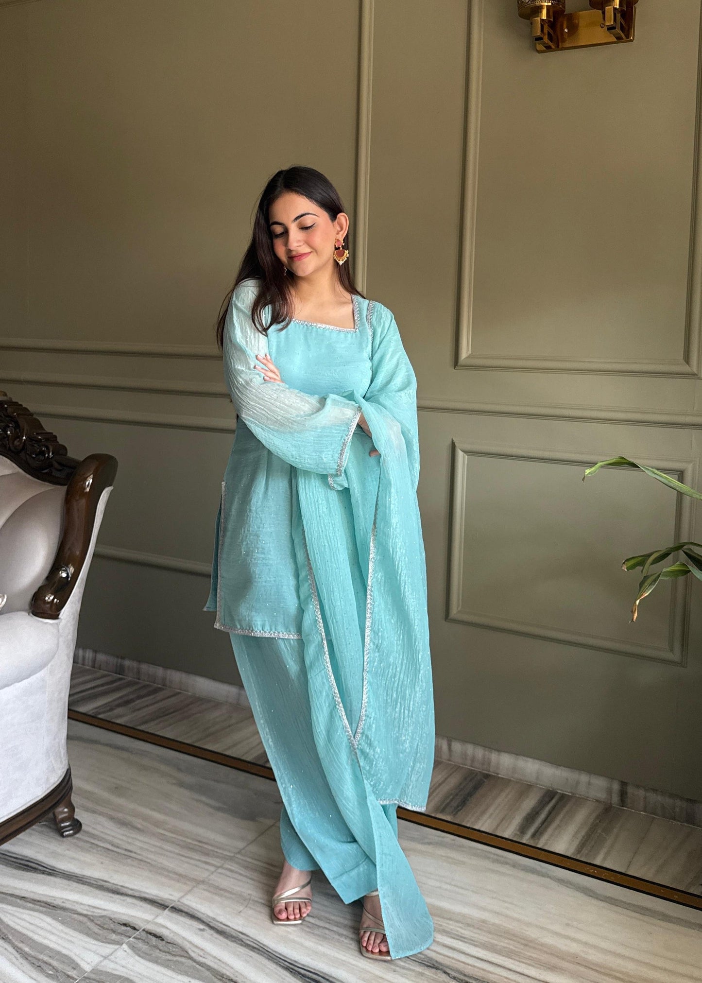 Party Wear Sky Blue Silk Farsi Salwar Suits For Women