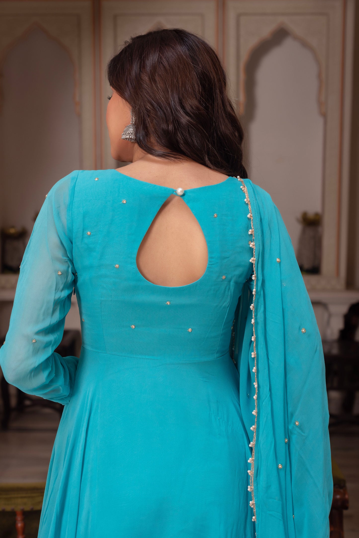 Party Wear Teal Blue Georgette Anarkali Suit Set