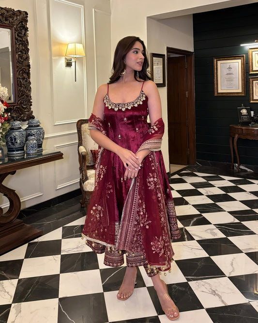 Premium Wine Color Anarkali Set with Hand Embroidery & Designer Dupatta