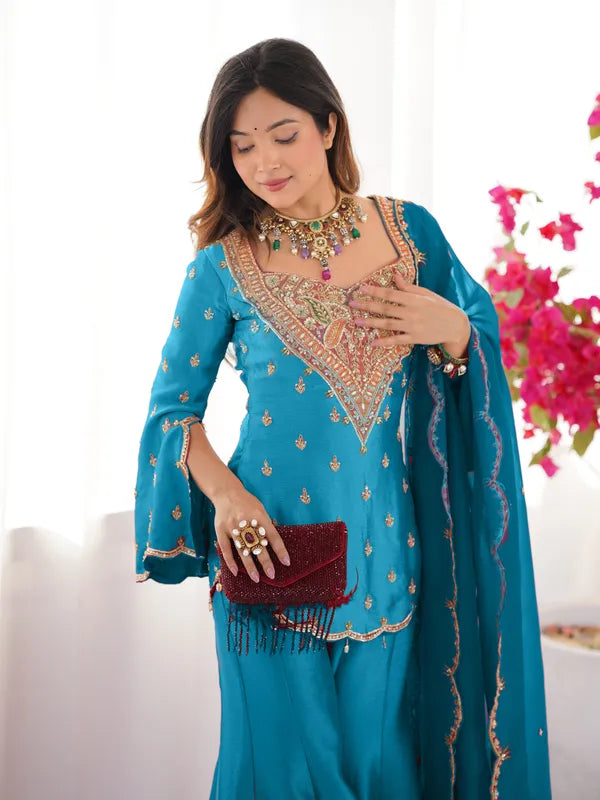 Festive Wear Simar Silk Sharara Suit Set with Dupatta For Women