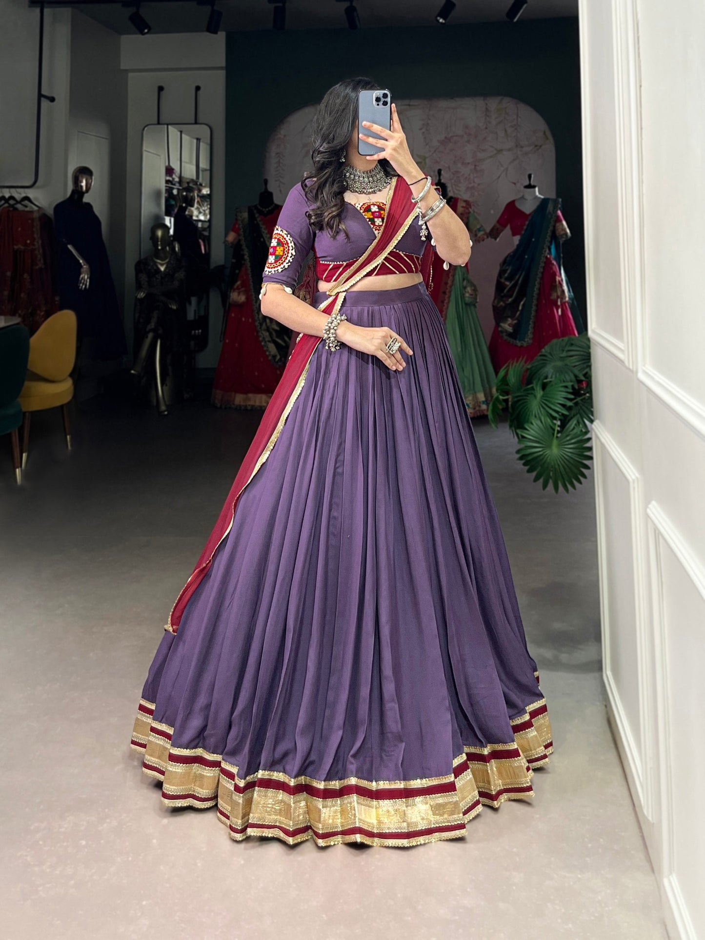 Lavender Embosse Sequins Lace Border Worked Navratri Lehenga Choli