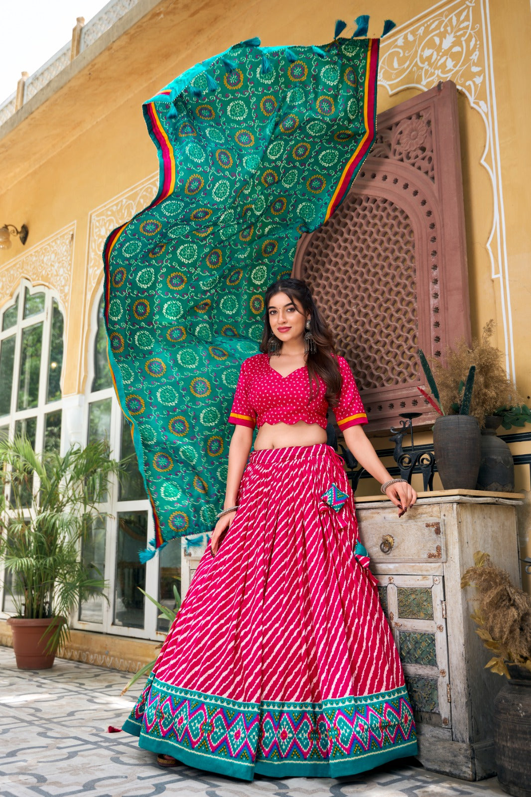 Leheriya With Patola Printed Tussar Silk Lehenga Choli Set - Ethnicwish