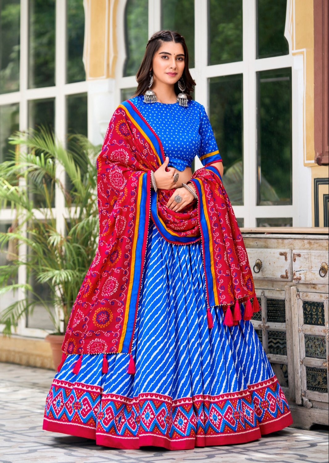 Leheriya With Patola Printed Tussar Silk Lehenga Choli Set - Ethnicwish
