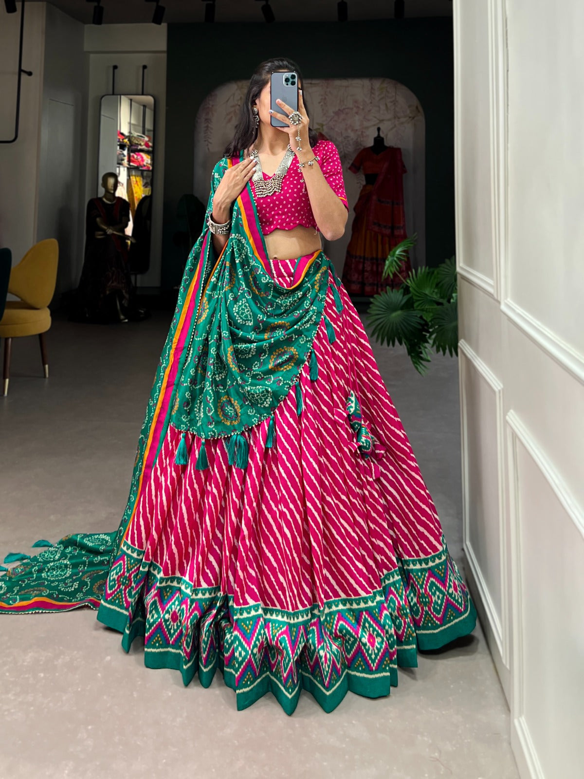 Leheriya With Patola Printed Tussar Silk Lehenga Choli Set - Ethnicwish