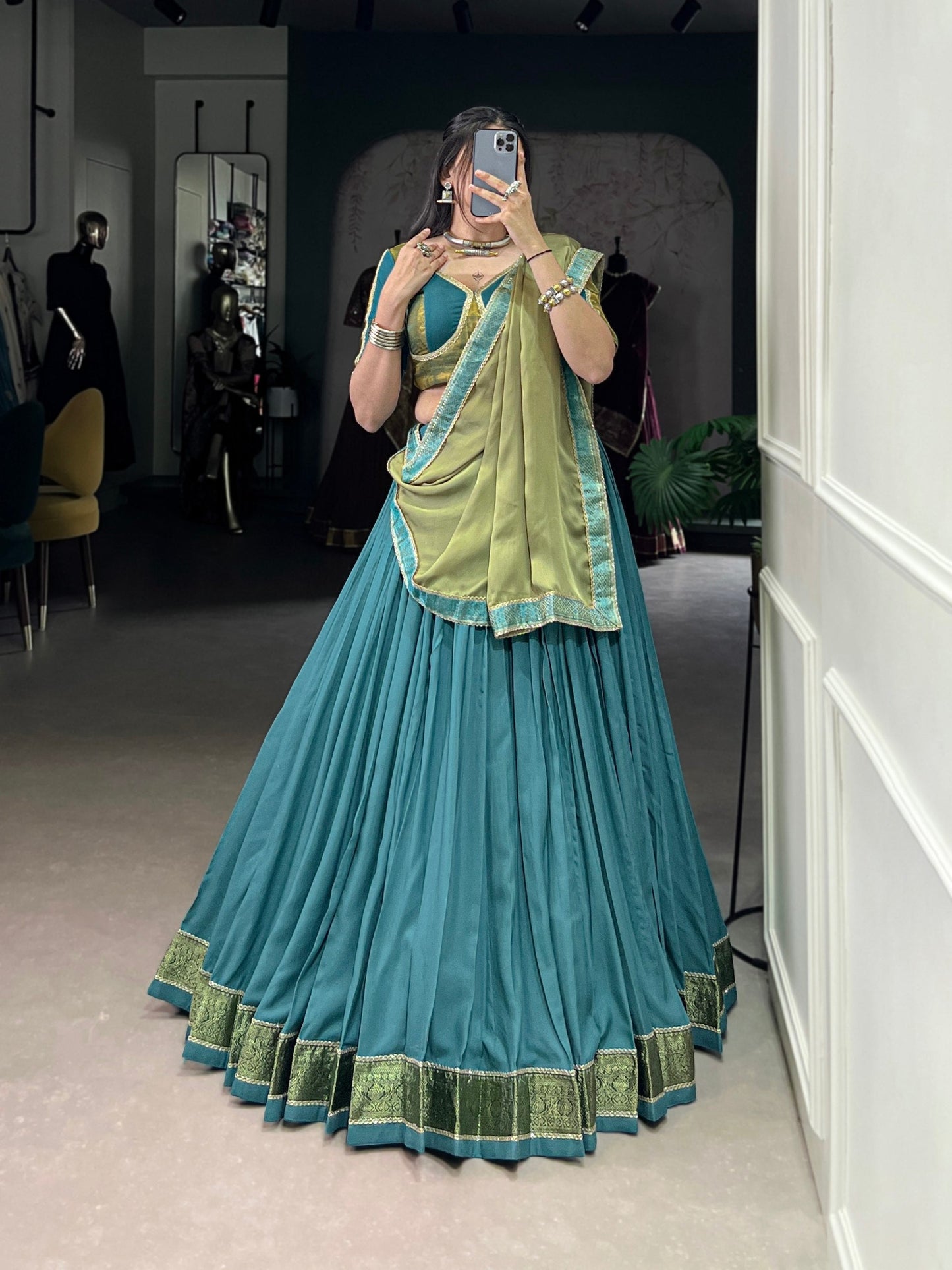 Teal Blue Pure Rayon Zari Weaving Worked Lehenga Choli