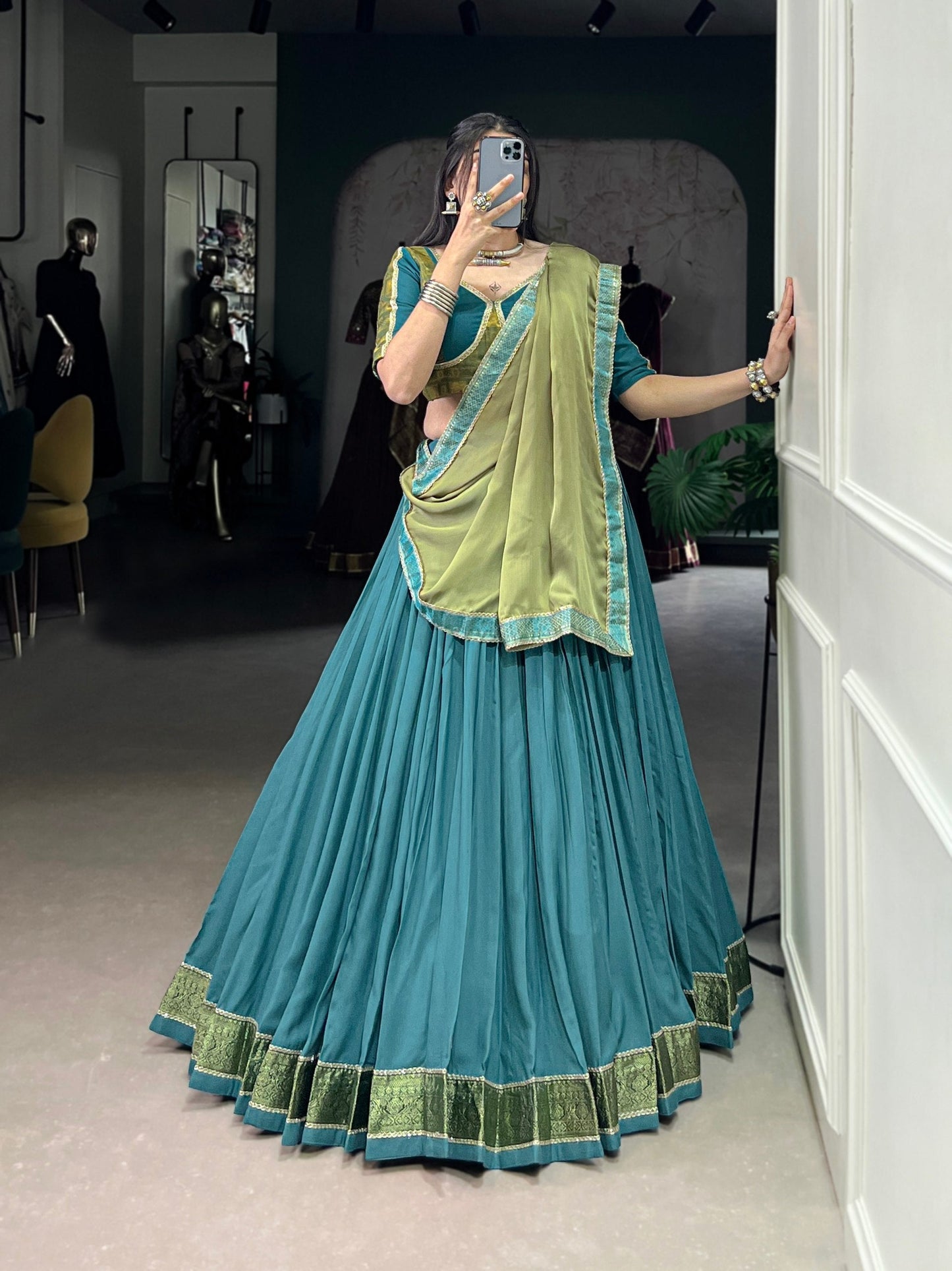Teal Blue Pure Rayon Zari Weaving Worked Lehenga Choli