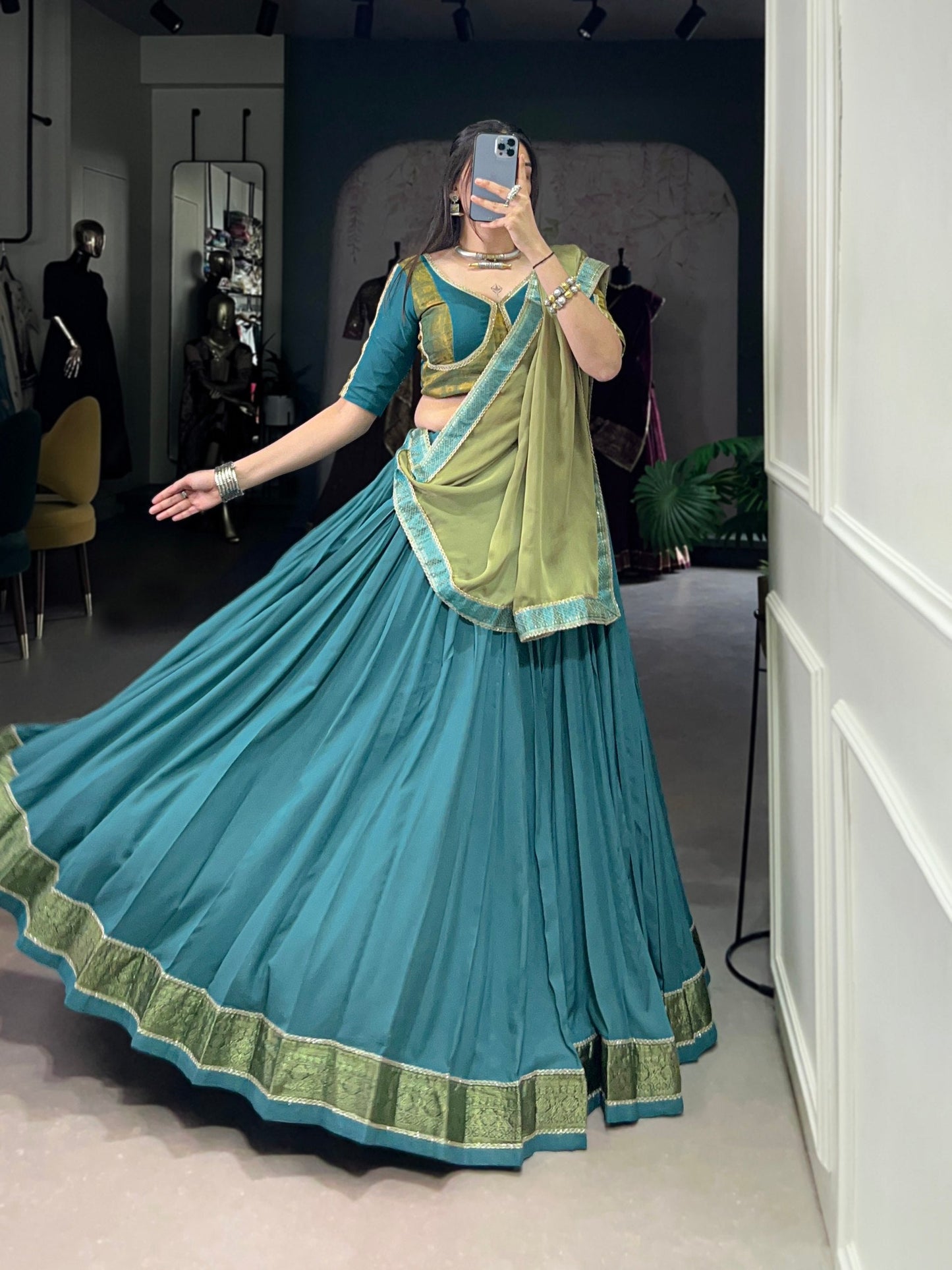 Teal Blue Pure Rayon Zari Weaving Worked Lehenga Choli