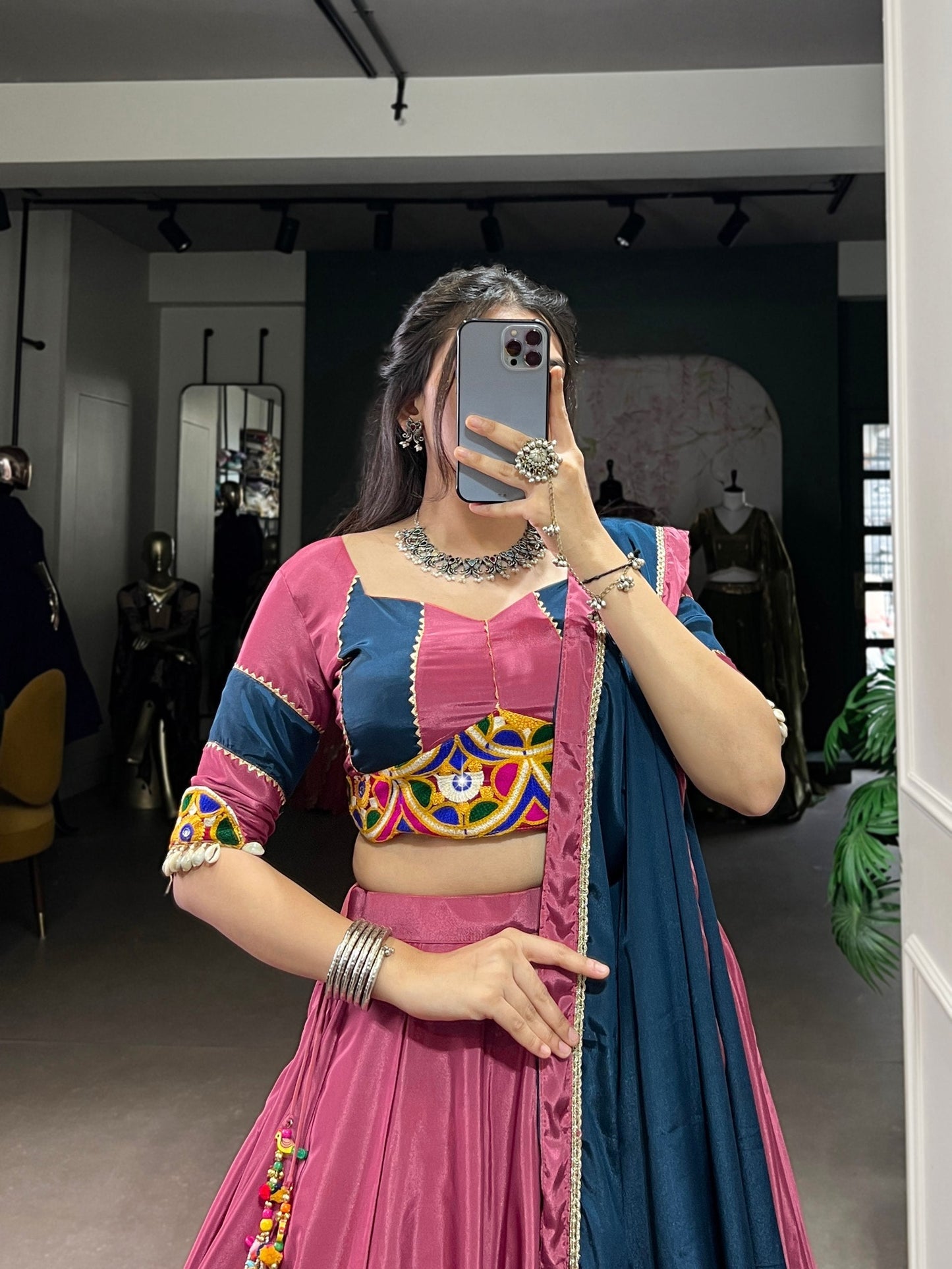 Breathtaking Silk Crepe Sequins Thread Worked Navratri Lehenga Choli