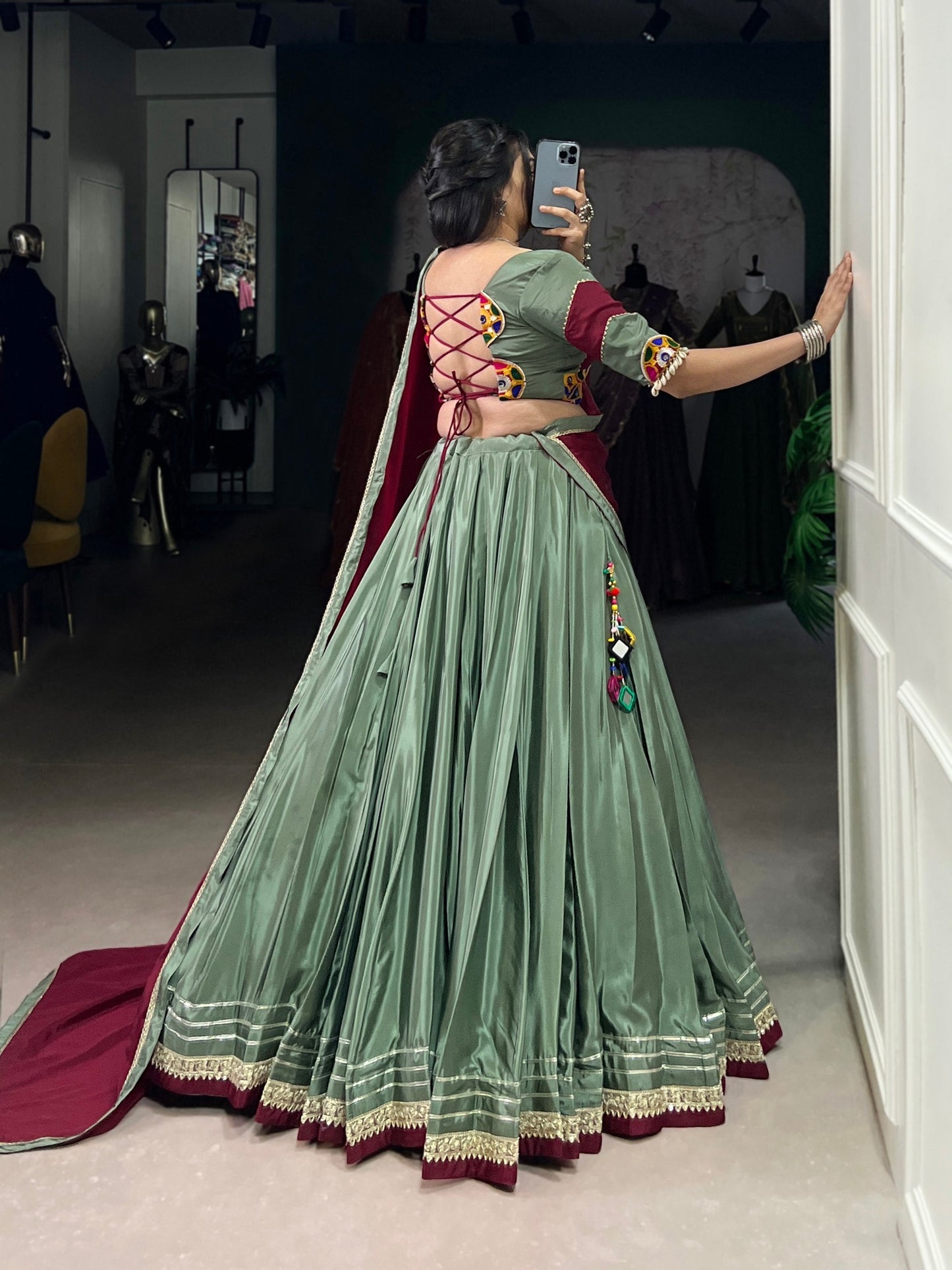 Breathtaking Silk Crepe Sequins Thread Worked Navratri Lehenga Choli