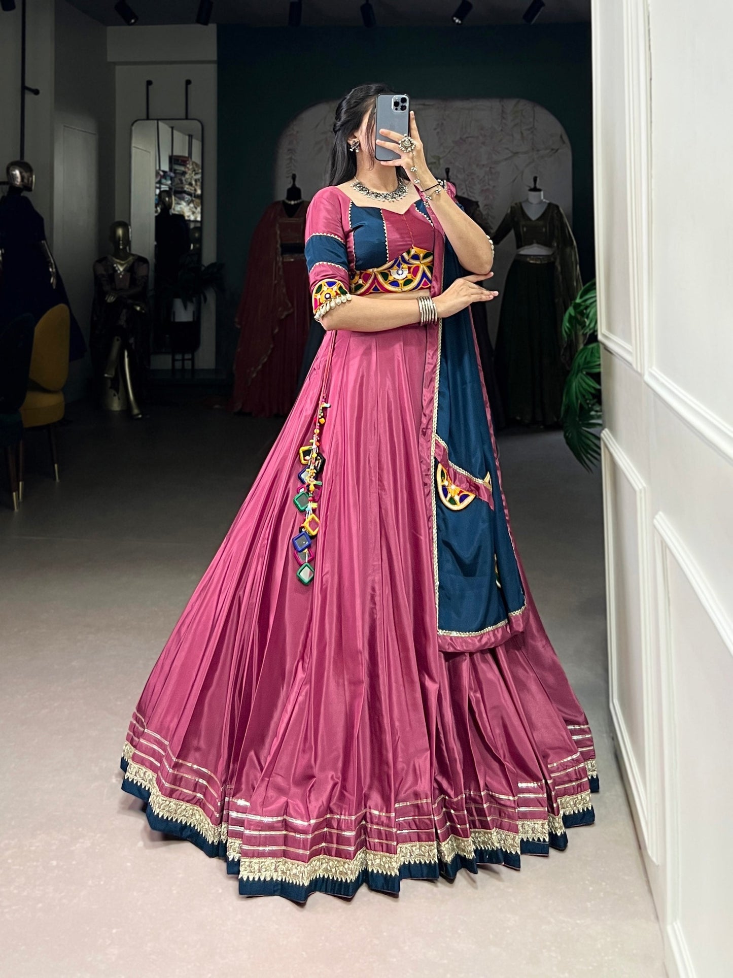 Breathtaking Silk Crepe Sequins Thread Worked Navratri Lehenga Choli
