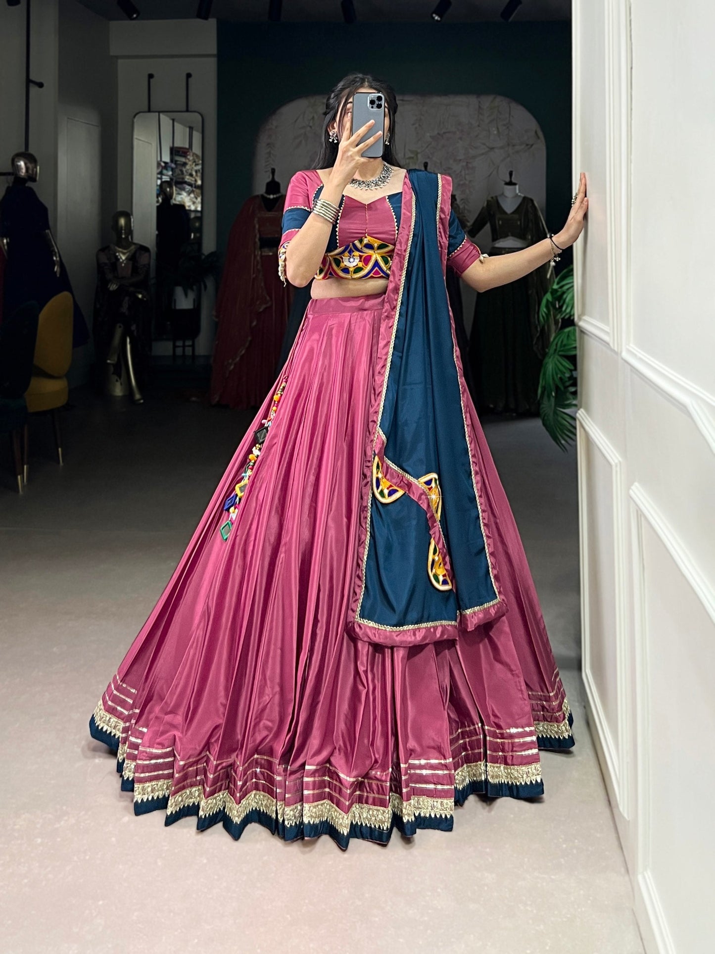 Breathtaking Silk Crepe Sequins Thread Worked Navratri Lehenga Choli