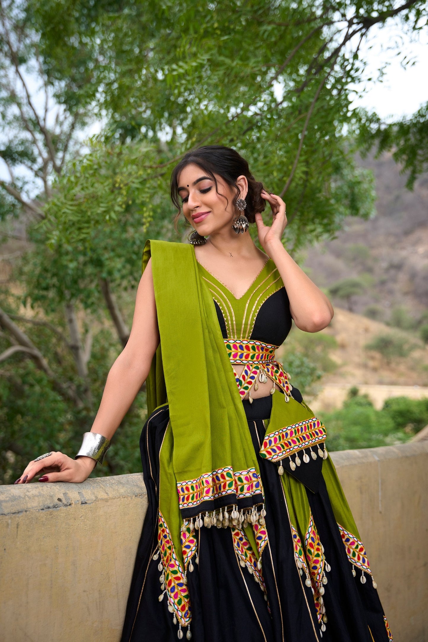 Parrot Green Gamthi Cowrie Worked Navratri Wear Lehenga Choli