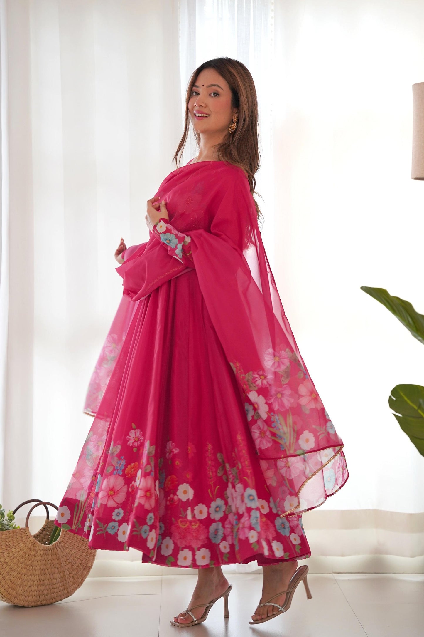 Beet Red Flower Print Organza Silk Anarkali Suit Set