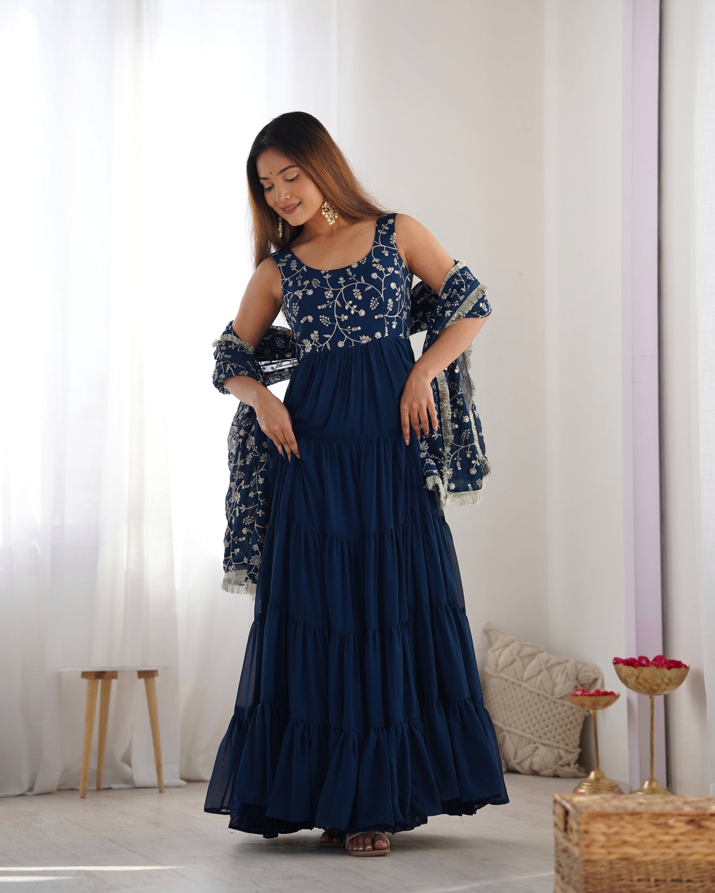 Regal Elegance in Every Twirl – Premium Teal Blue Anarkali Set - INDIAN ELEGANCE