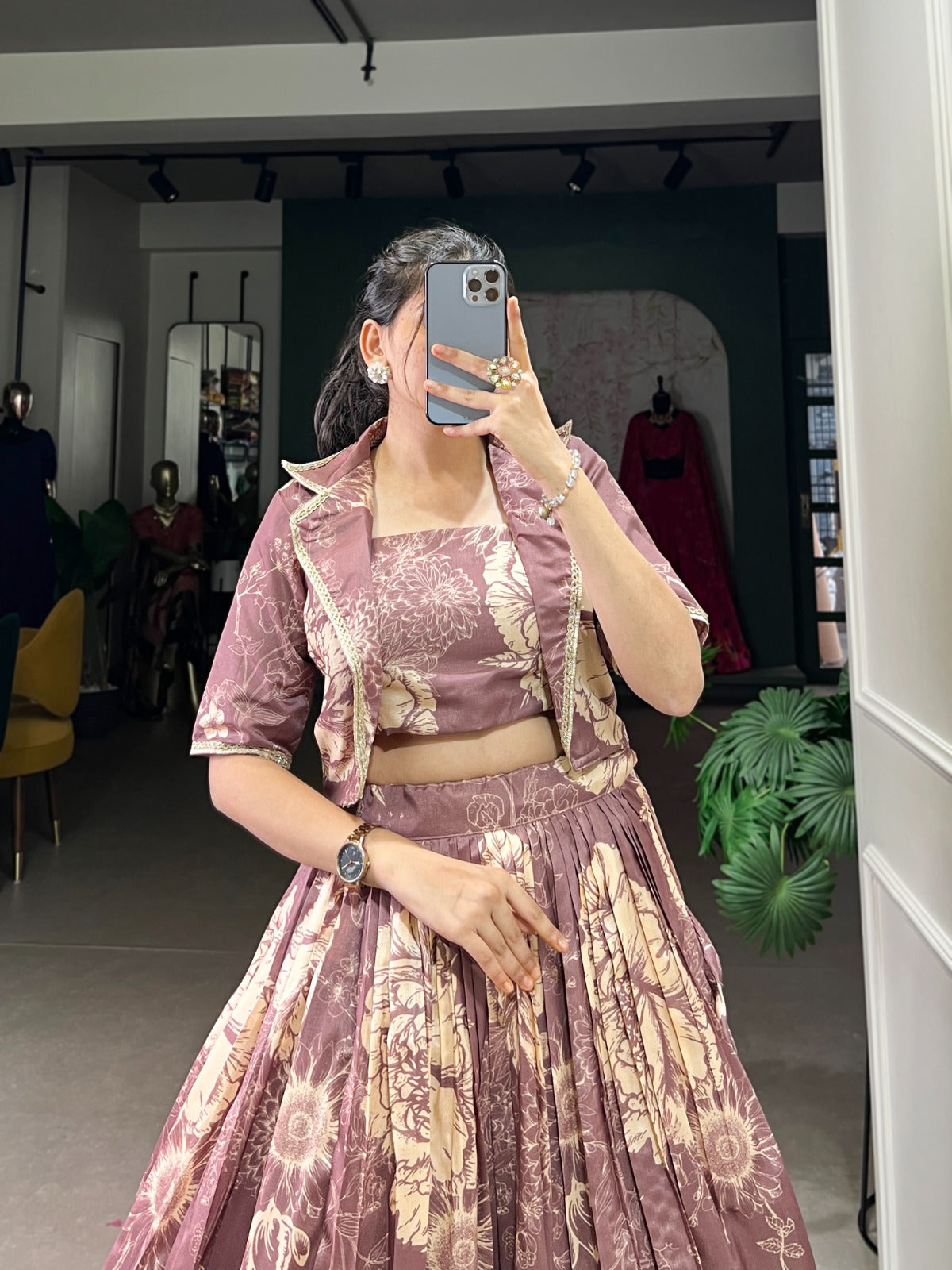 Exquisite Tussar Silk Floral Printed Lehenga Choli Koti Set - Ethnicwish