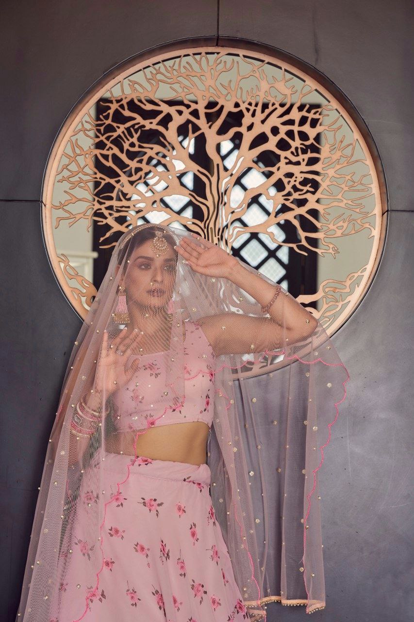 Elegant Peach Georgette Lehenga With Printed Mukesh Work