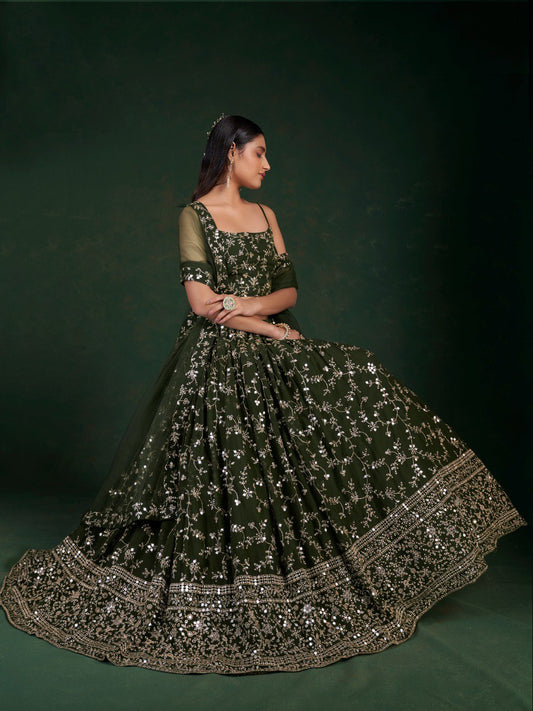 Mehendi Green Georgette Lehenga Set with 7mm Sequins & Zari Work
