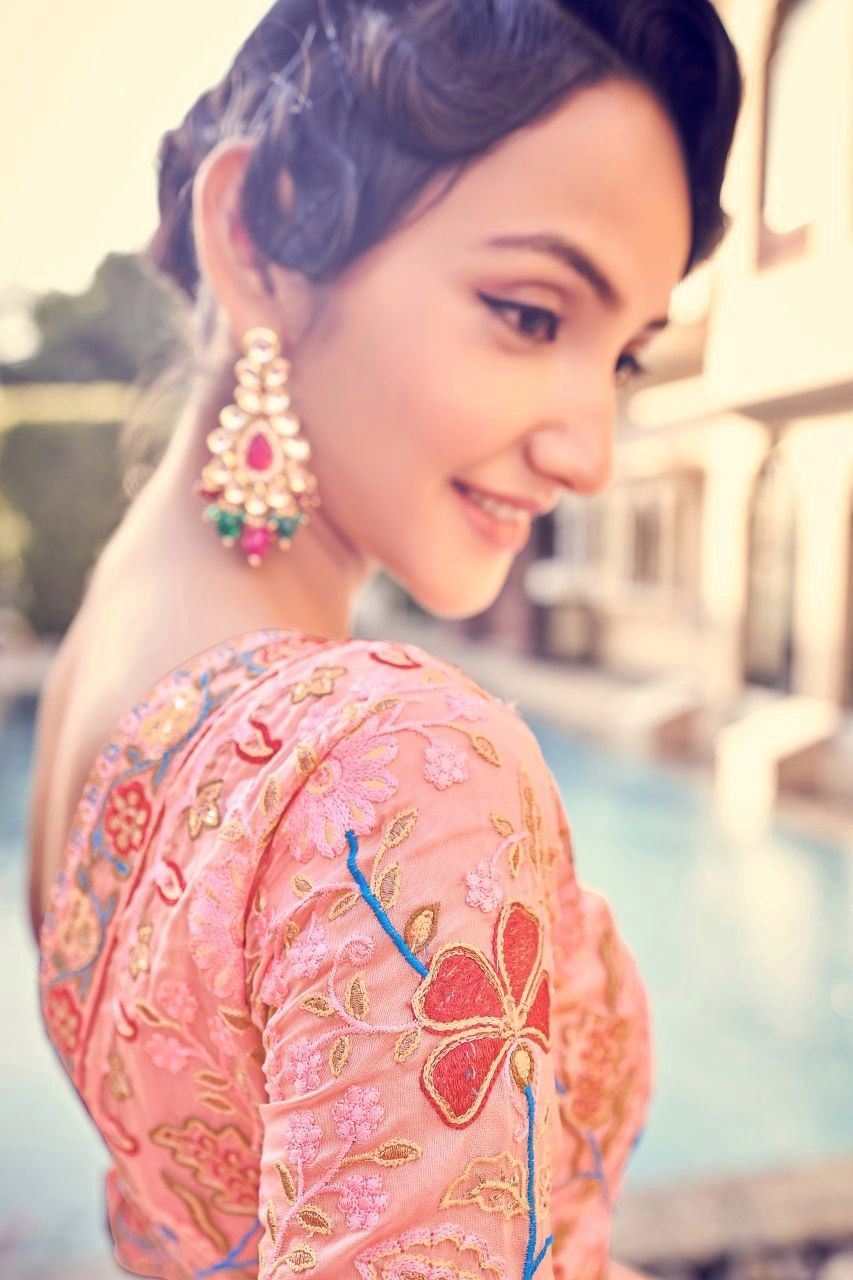 Graceful Peach Pink Organza Saree With Elegant Embroidery Work