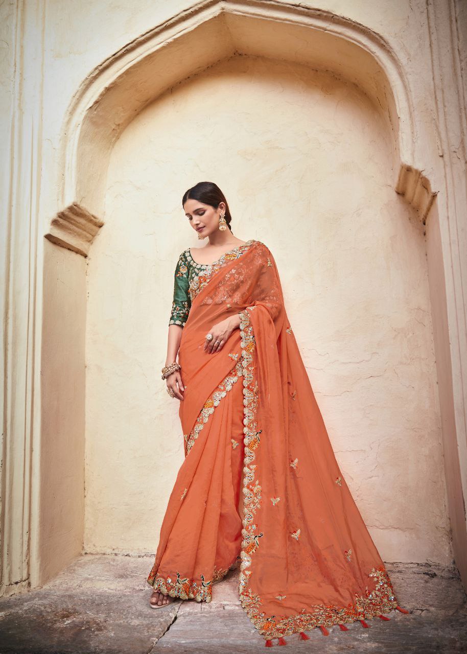 Orange color Organza Saree with Real Mirror & Zari Work