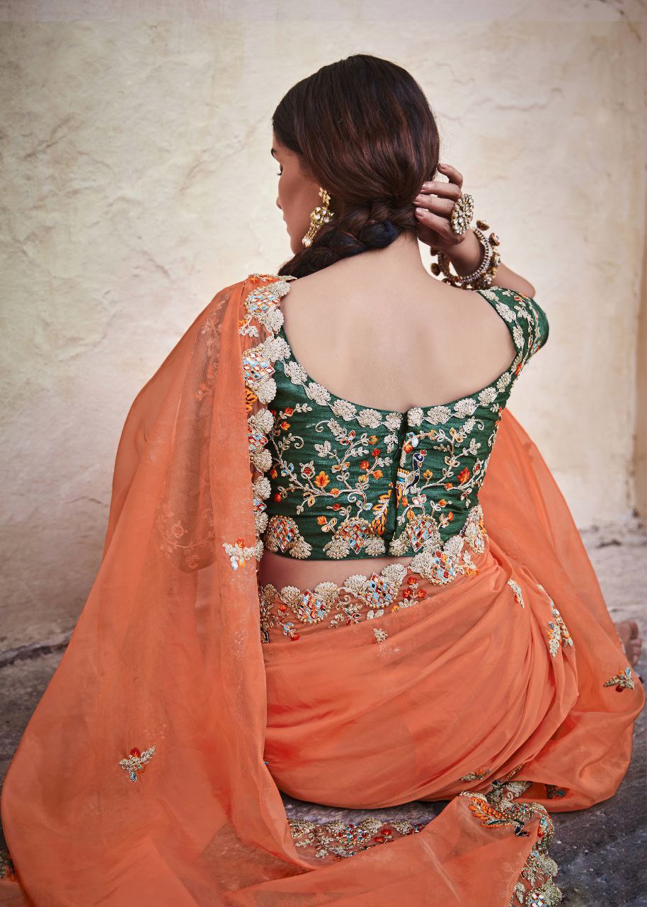 Orange color Organza Saree with Real Mirror & Zari Work