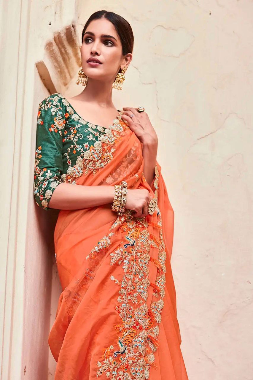 Orange color Organza Saree with Real Mirror & Zari Work
