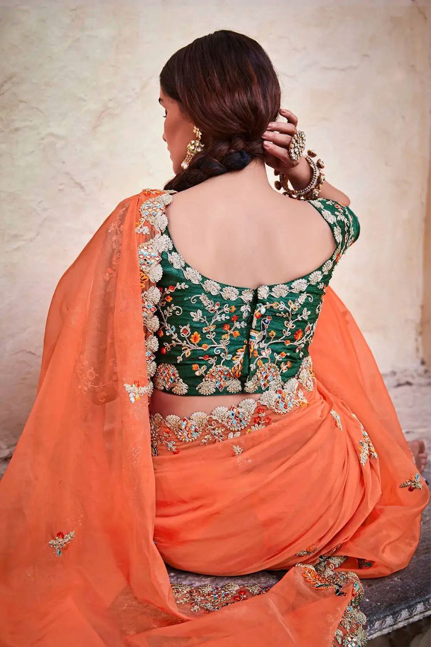 Orange color Organza Saree with Real Mirror & Zari Work