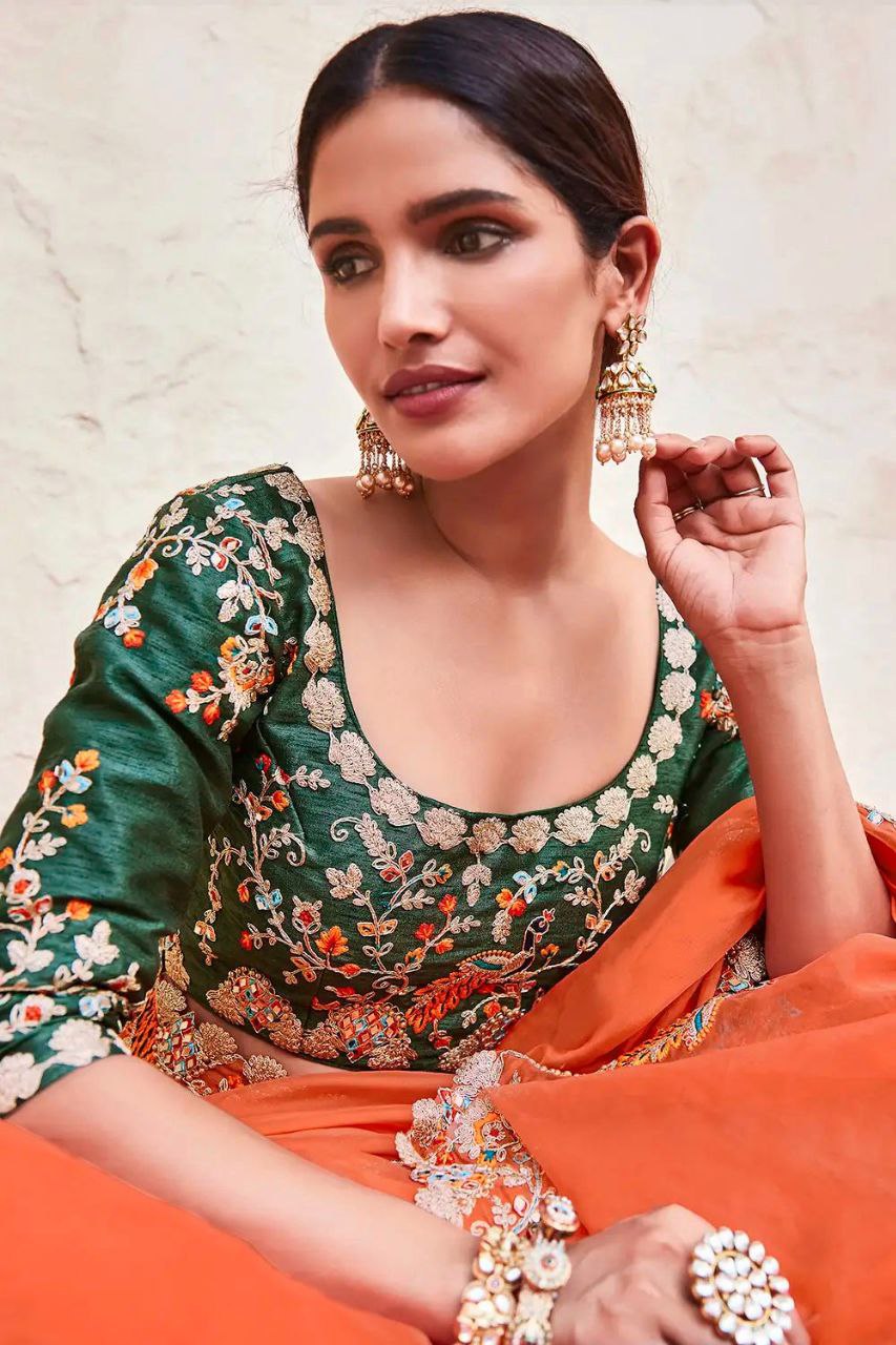 Orange color Organza Saree with Real Mirror & Zari Work