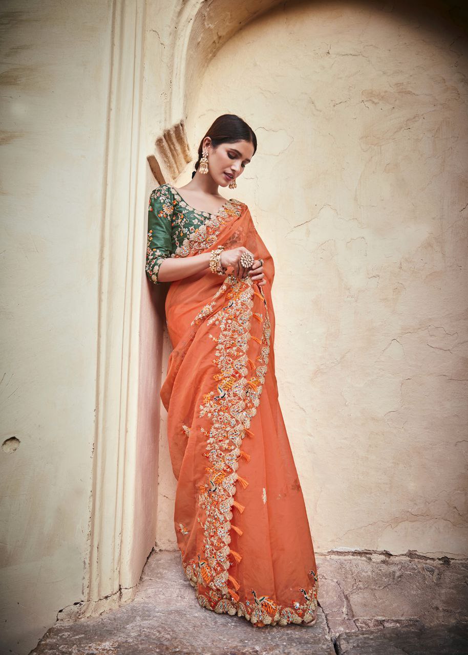 Orange color Organza Saree with Real Mirror & Zari Work