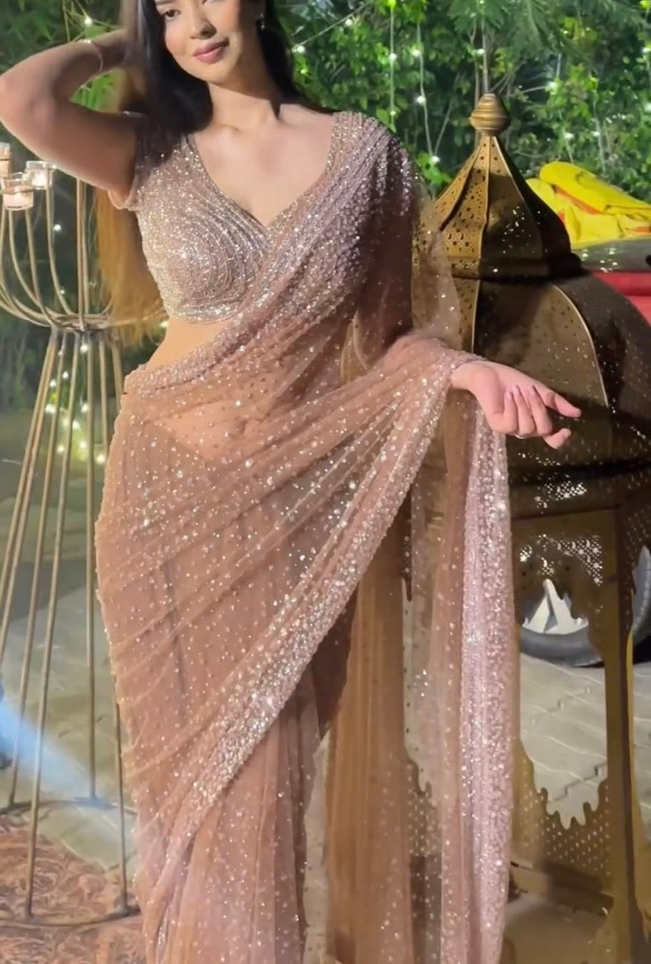 Wedding Wear Golden Net Saree with Sequins & Dori Work | Party Wear Saree For Women