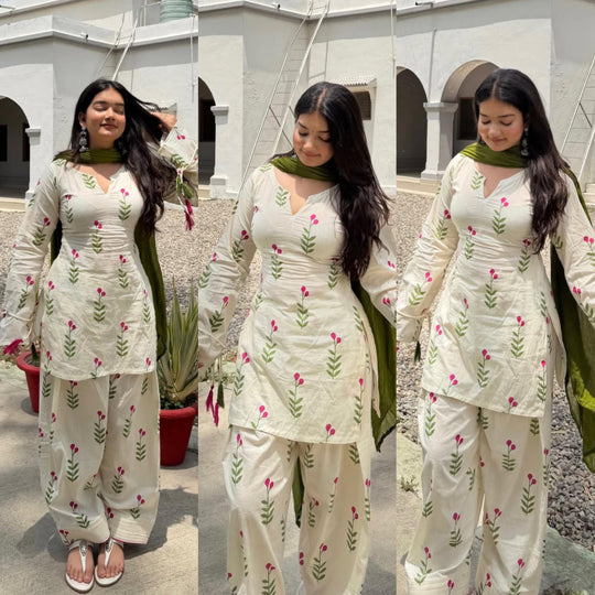 Elegant White & Pista Floral Salwar Kameez Kurta Set