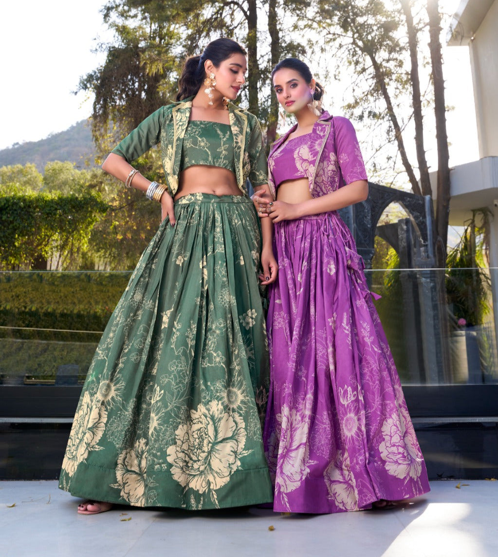 Exquisite Tussar Silk Floral Printed Lehenga Choli Koti Set