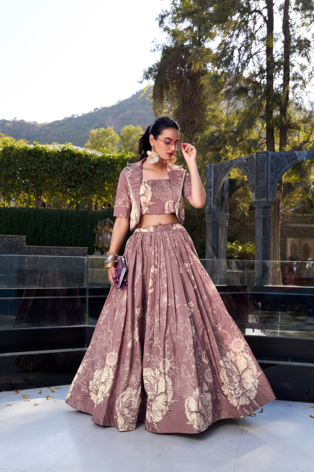 Exquisite Tussar Silk Floral Printed Lehenga Choli Koti Set