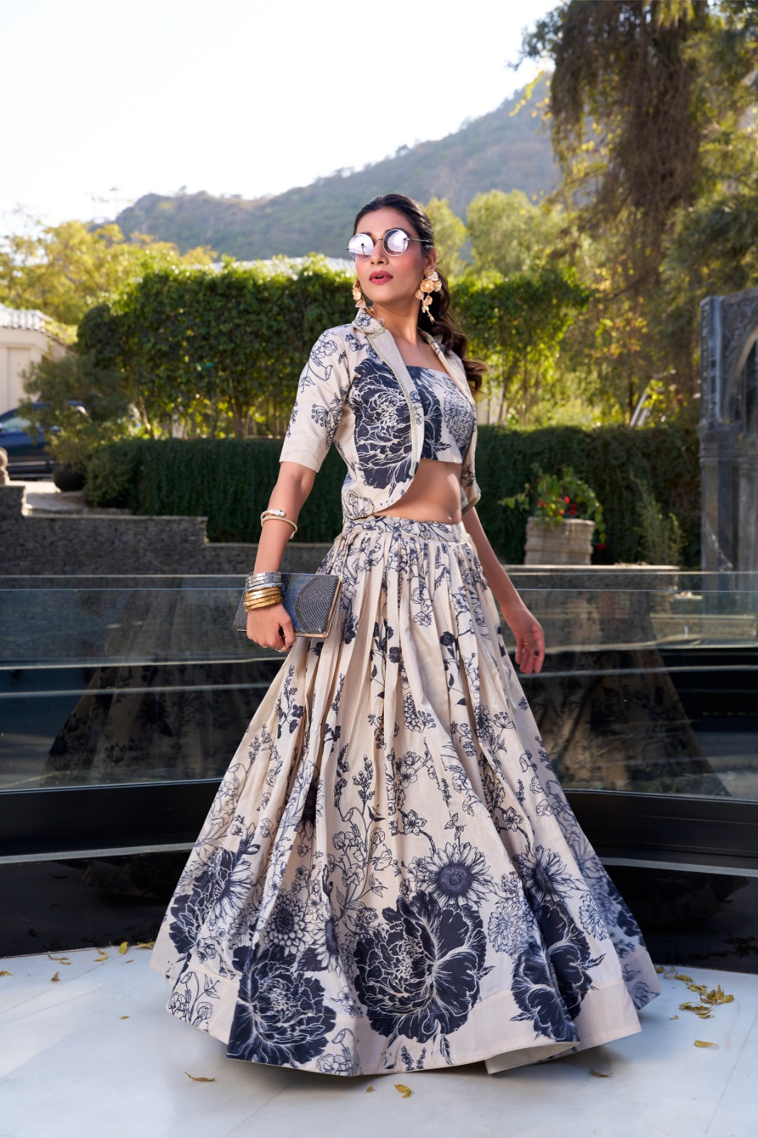 Exquisite Tussar Silk Floral Printed Lehenga Choli Koti Set