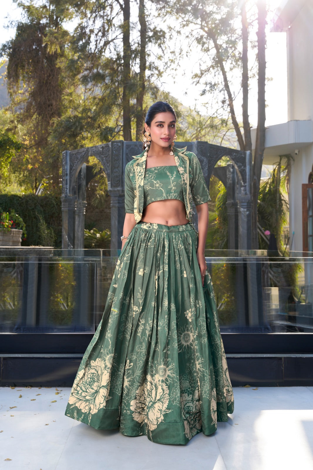 Exquisite Tussar Silk Floral Printed Lehenga Choli Koti Set