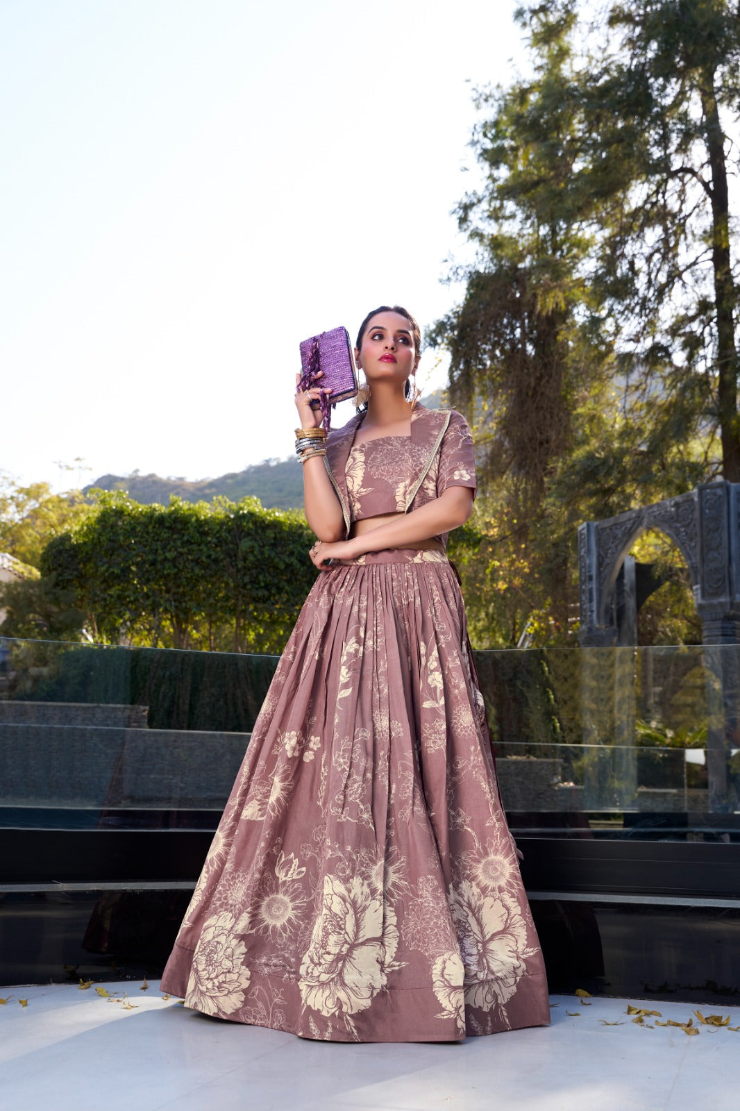 Exquisite Tussar Silk Floral Printed Lehenga Choli Koti Set