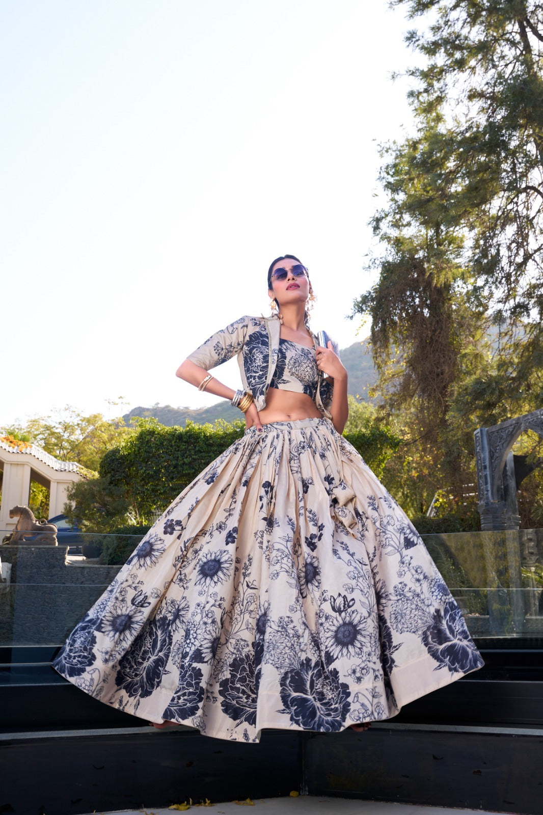 Exquisite Tussar Silk Floral Printed Lehenga Choli Koti Set