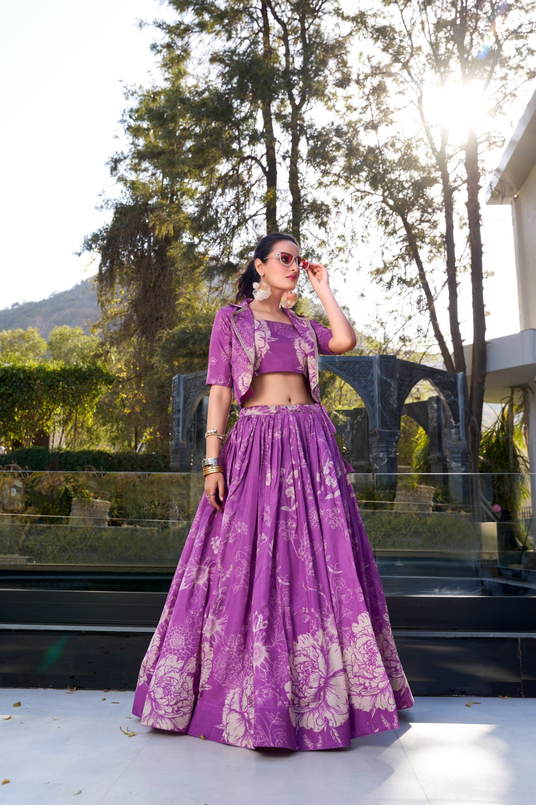 Exquisite Tussar Silk Floral Printed Lehenga Choli Koti Set