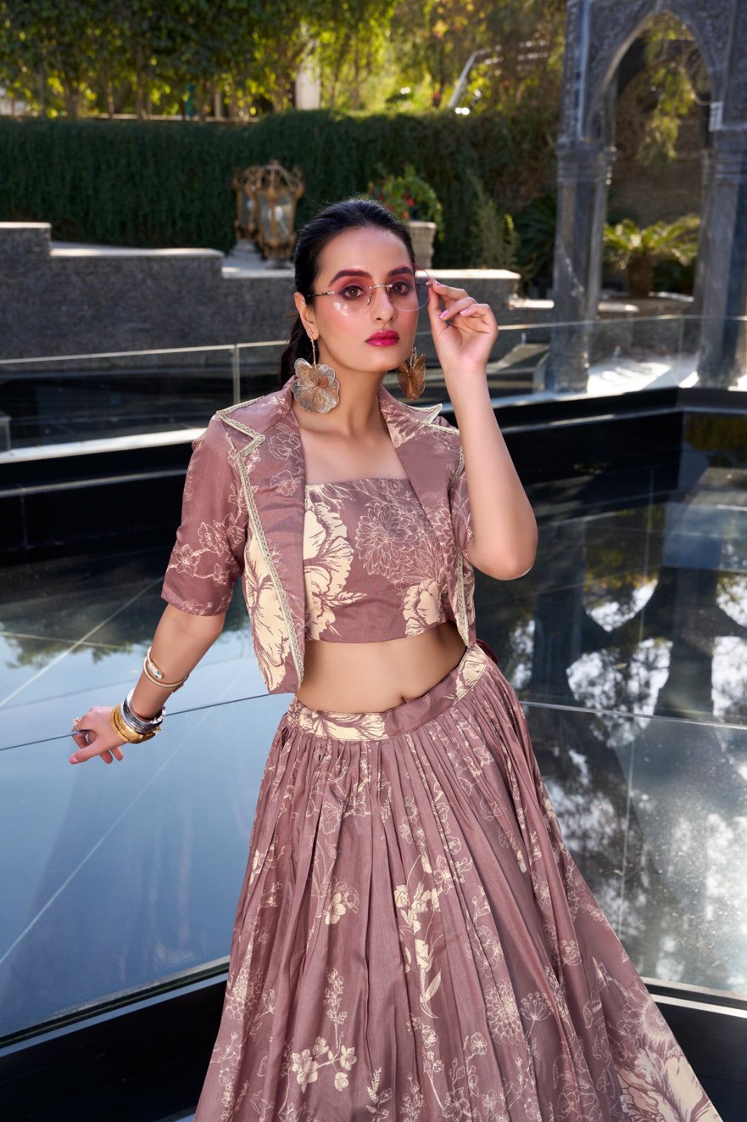 Exquisite Tussar Silk Floral Printed Lehenga Choli Koti Set