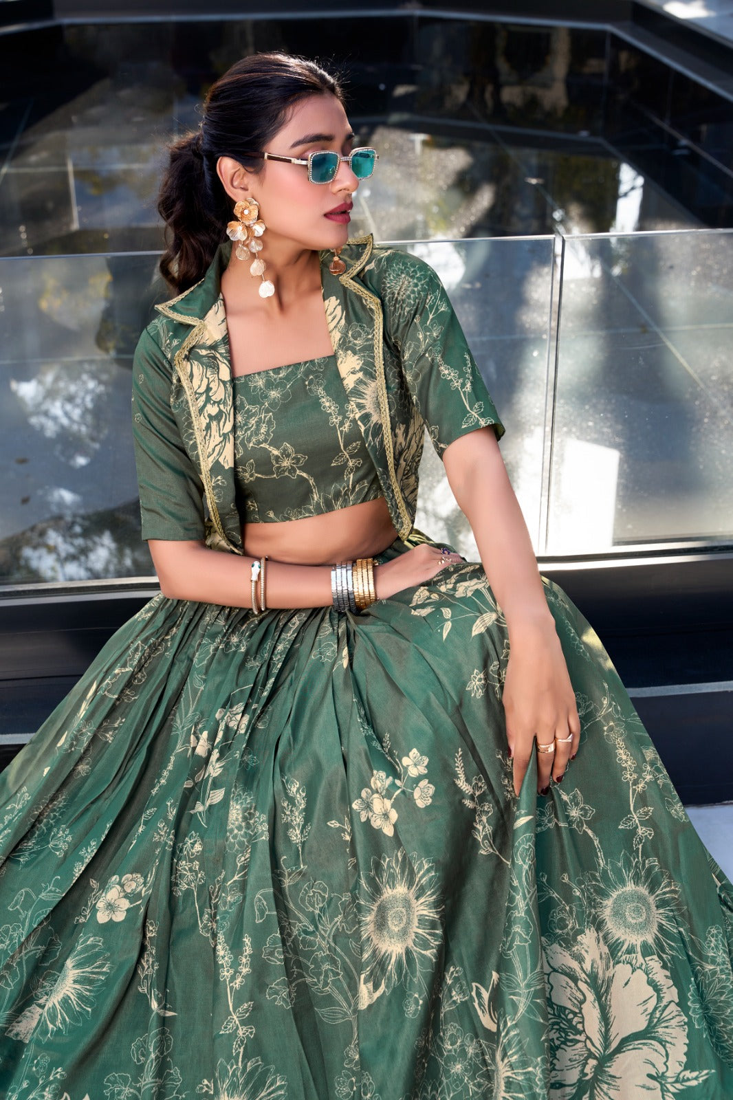 Exquisite Tussar Silk Floral Printed Lehenga Choli Koti Set