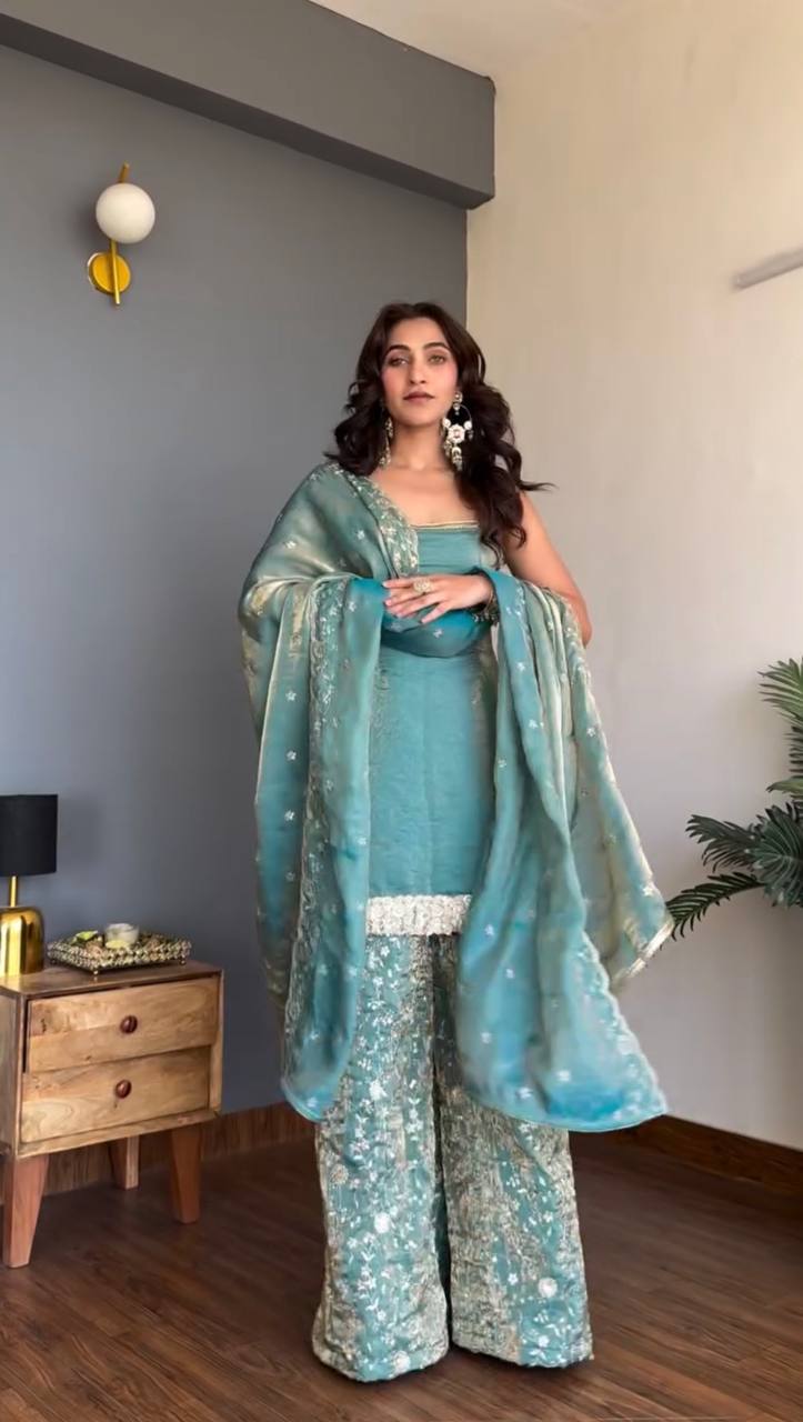 Aqua Blue Palazzo Suit Set with Dupatta for Women | Embroidered Wedding, Party Wear & Pakistani Style 3 Piece Suit