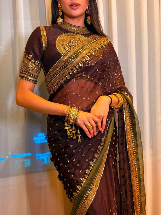 Celebrity Inspired Chocolate Brown Sequins Saree with Designer Blouse | Luxury Party Wear Saree for Women