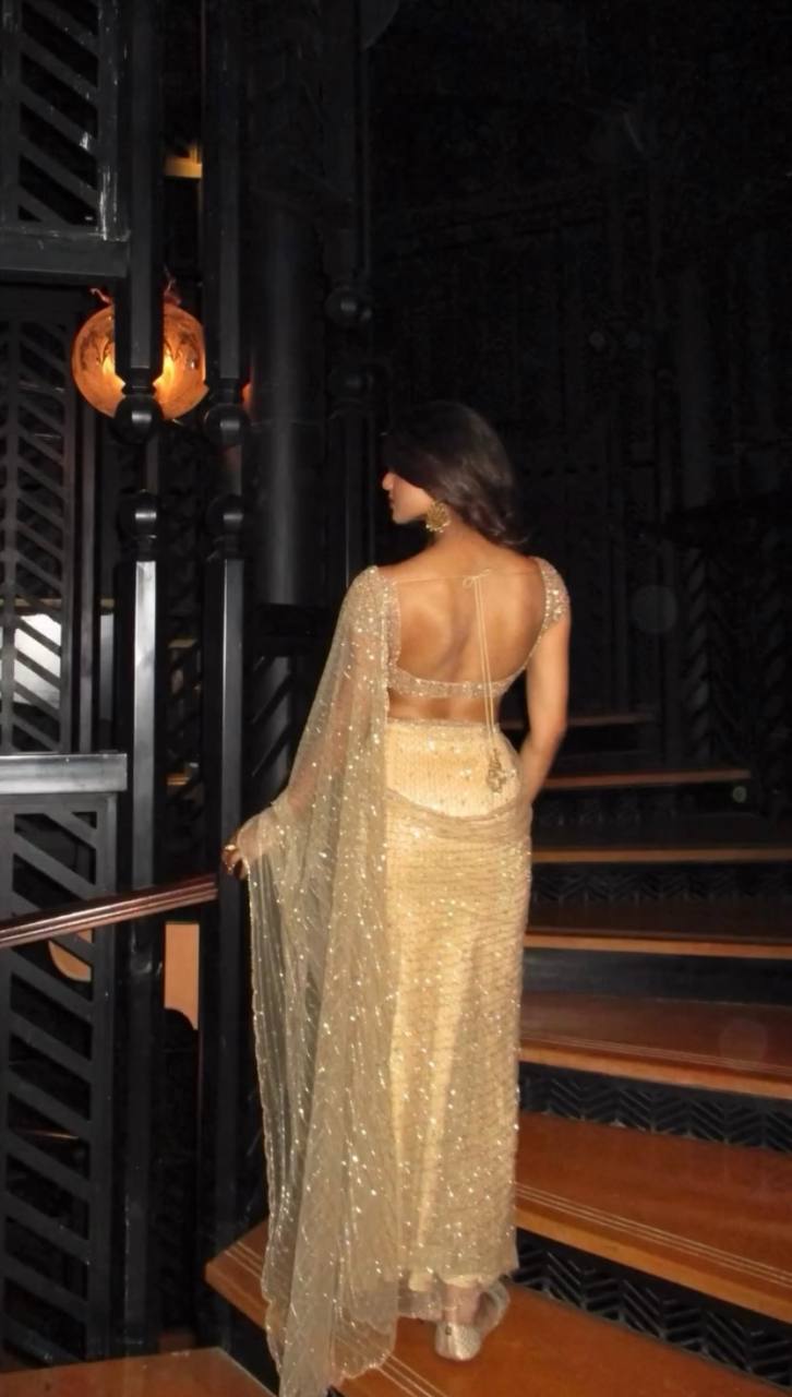 Golden Sequins Net Saree with Blouse for Women