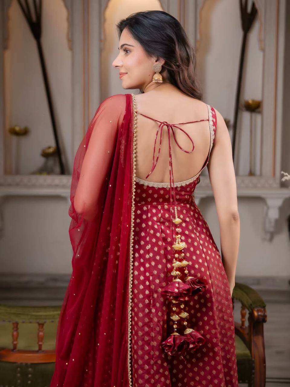 Wine Red Chanderi Jacquard Anarkali Suit Set with Dupatta & Pant