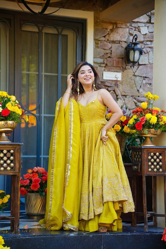 Wedding Wear Yellow Anarkali Suit with Sharara & Dupatta For Women